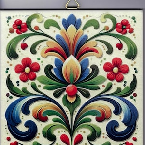 May include: Square wall art featuring a symmetrical floral design. The artwork showcases a central motif with blue, yellow, and orange petals, surrounded by green leaves and red flowers. The piece is framed with a gold hanger.