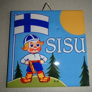 Scandinavian Finnish Sisu Boy with Finland Flag & Puukko Knife Ceramic Tile ~ Trivet ~ Hot pad
