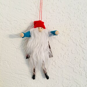 Scandinavian Nordic Tomte  Elf Gnome Ornament with Long Legs Blue & Brown Jacket