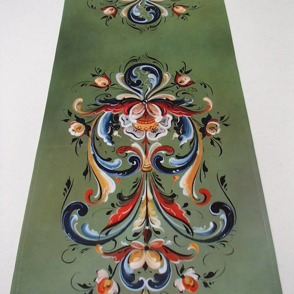 Norwegian Folk Art Rosemaling Printed on Polyester Table Runner 11" x 35" Lise Lorentzen artwork