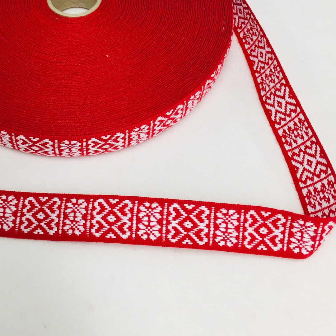 Swedish Woven Fabric Ribbon Trim - 5 Yard Piece - Nordic Hearts on Red ...