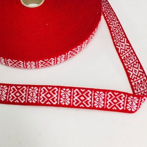 Swedish Cotton Fabric Ribbon Trim - 5 yard piece - Nordic hearts  on Red
