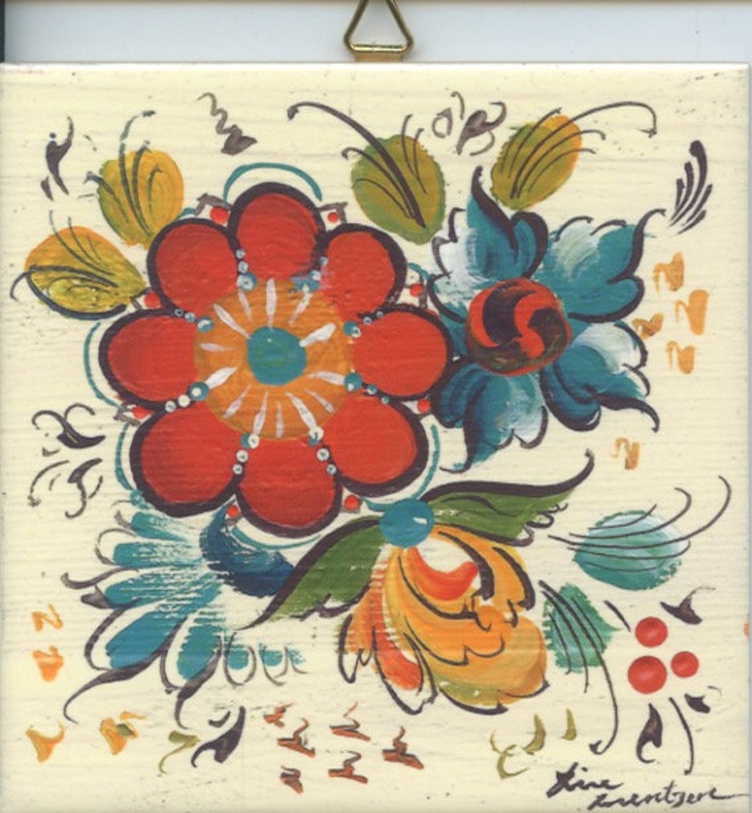 Norwegian Rosemaling Flowers Folk Art Ceramic Tile ~ Trivet ~ Hot