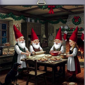 May include: A festive image depicts gnomes in a cozy kitchen, baking. They wear red hats and white beards, with a dog watching. A table is laden with baked goods. The scene is decorated with Christmas garlands and a fireplace.