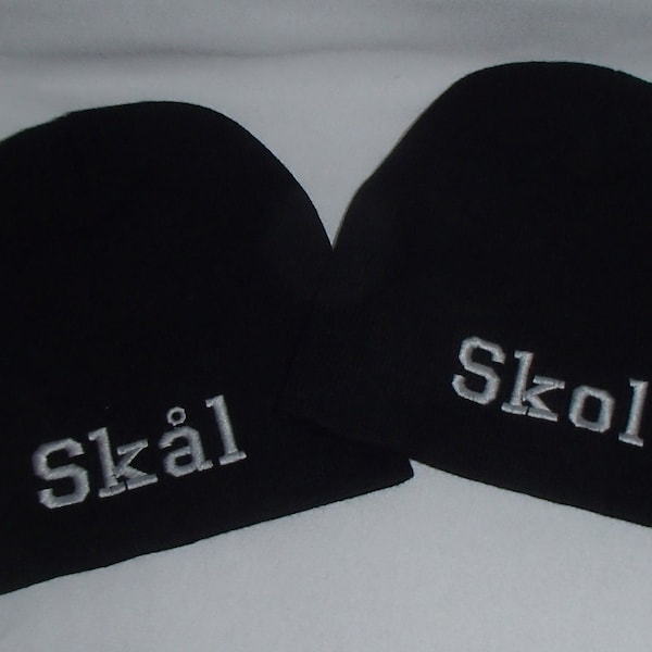 Scandinavian Skol or Skål Embroidered on Black Knit Hat