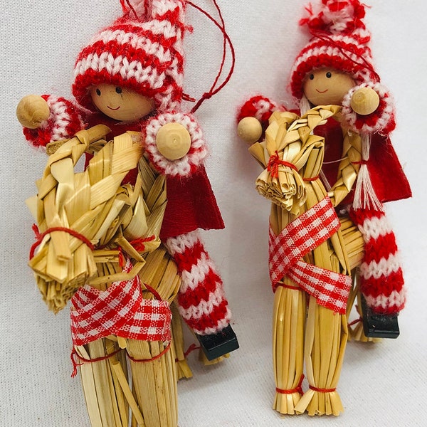 Scandinavian Nordic Decorations  ~ Box of 2 Gnomes on Straw Goats Ornaments 4 3/4"