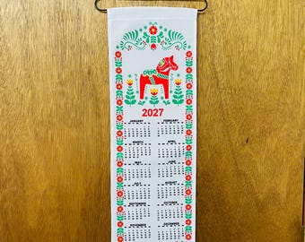 2027 Scandinavian Swedish Dala Horse Polyester Wall Hanging Calendar 25x9 inches