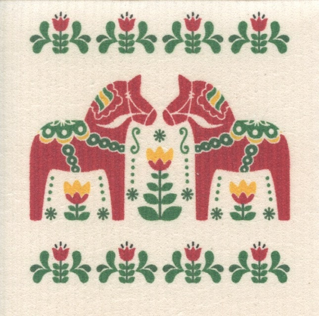 Swedish Dala Horse & Flowers Dish Cloth