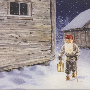 Swedish artist, Jan Bergerlind Tomte with Cane and lantern Christmas Cards Box of 12 #JB232