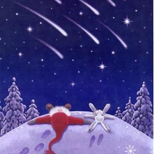 May include: A whimsical illustration depicts a starry night sky with several shooting stars. Below, a cartoon Santa Claus and a white rabbit are lying on a snow-covered hill, arms outstretched. Snow-covered pine trees frame the scene.
