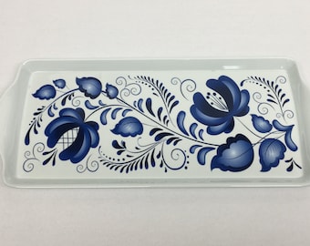 Blue Folk Art on Melamine Serving Tray for Scandinavian Swedish Almond Cake