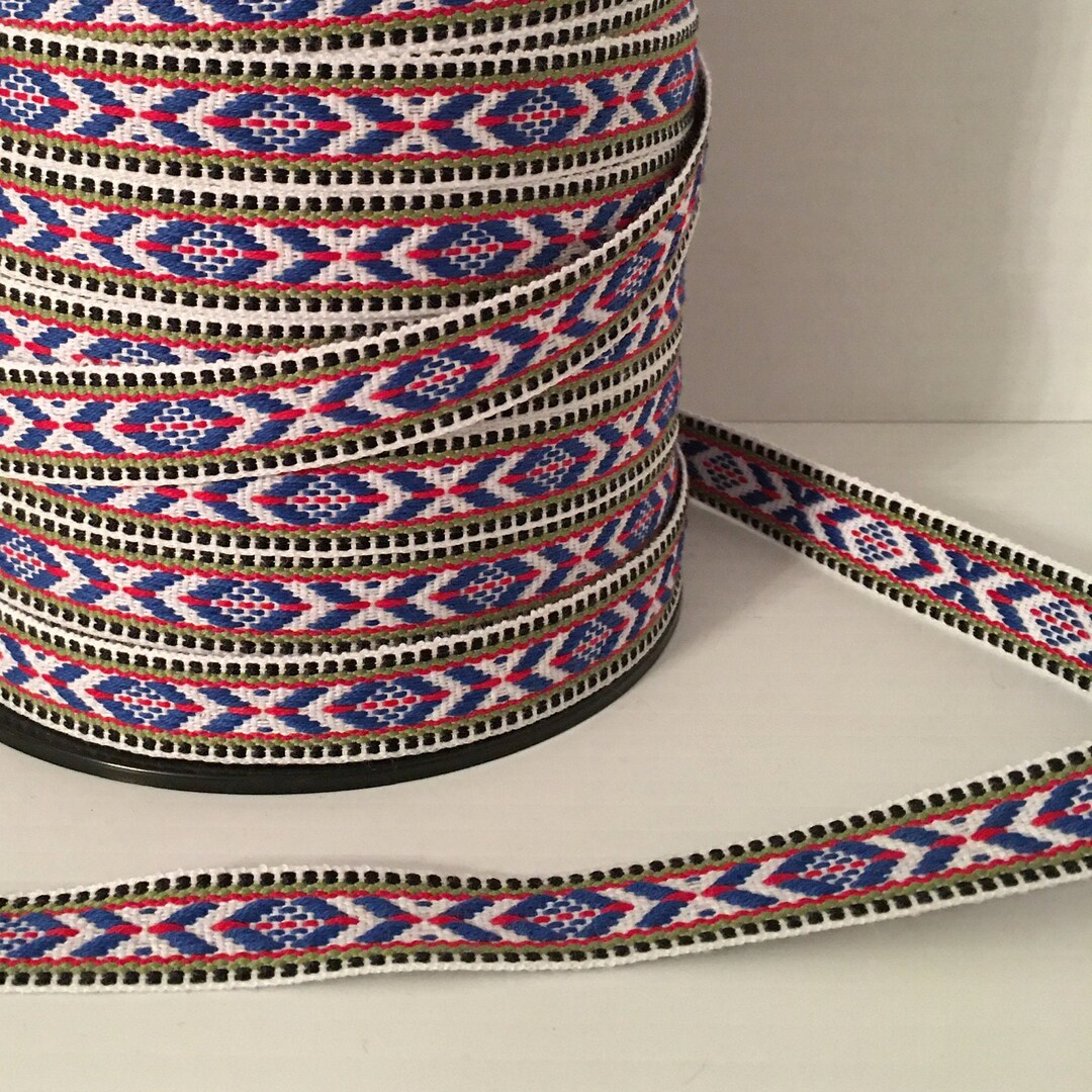 Swedish Woven Fabric Ribbon Trim - 5 Yard Piece - White With Red Blue ...