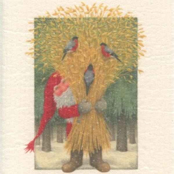 Nordic Gnome iwith Sheaf of Wheat  feeding birds on Swedish Dish Cloth