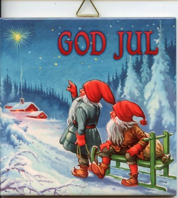 Swedish God Jul Gnome Tomtar House Ceramic Tile ~ Trivet ~ Hot Pad
