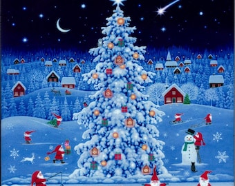 May include: A square wall hanging featuring a snowy night scene with a large, illuminated Christmas tree at the center. Numerous gnomes in red hats and coats are depicted ice skating, fishing, and playing in a blue, wintery landscape.