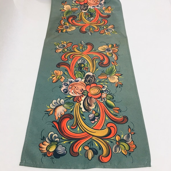Norwegian Folk Art Rosemaling Printed on Green Polyester Table Runner 11" x 35"