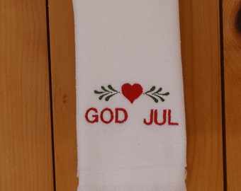 Scandinavian Swedish Norwegian Danish Embroidered Christmas God Jul Heart Towel