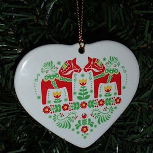 Ceramic Heart Ornament - Scandinavian Swedish Dala Horses