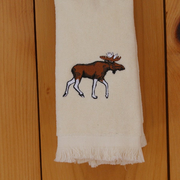 Embroidered Nordic North woods Moose  on Creme Towel