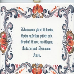 Norwegian Table Prayer with Rosemaling on 6&quot; Ceramic Tile ~ Trivet ~ Hot pad