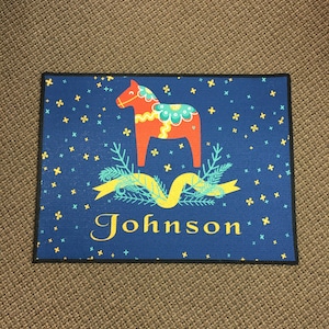Scandinavian Swedish Dala Horse Rug ~ Door Mat with Custom Name