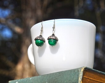 Green Malachite Acorn Silver Earrings