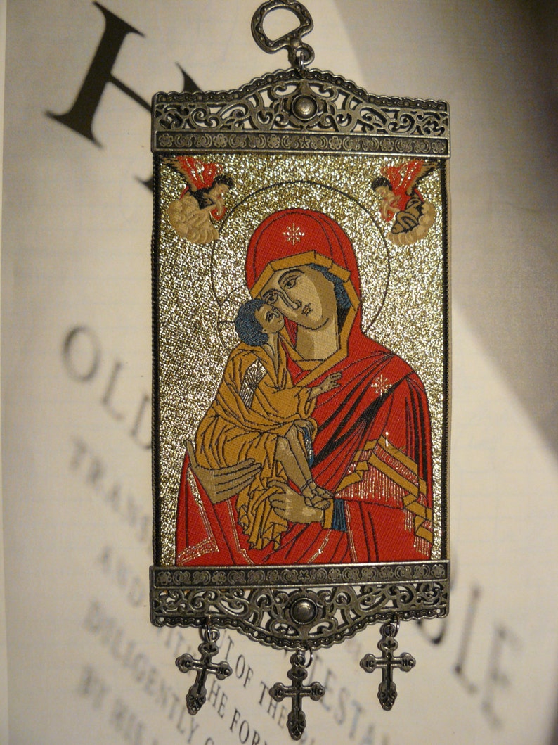 Medium Woven Religious Tapestry Wall Hanging Orthodox Catholic Icon Mother Mary
