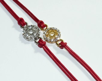 Lot of 2 - Jewish Kabbalah Red String Silver tone and Gold tone "Magen David" (star of David) in circle cast and stones Bracelet