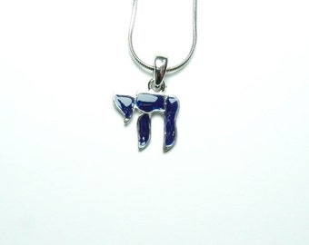 Kabbalah Necklace Plated Silver "Chai" Pendant Blue Shades Comes With A Chain from Jerusalem