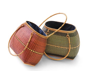 Collored Rattan tote, bamboo straw bag, French Basket, woven straw tote, straw beach bag, shopping basket, Market basket, farmers market