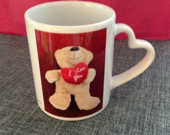 Love Cup for Lovers, love heart, bear, red and white, funny picture with text, special present, love present, for you