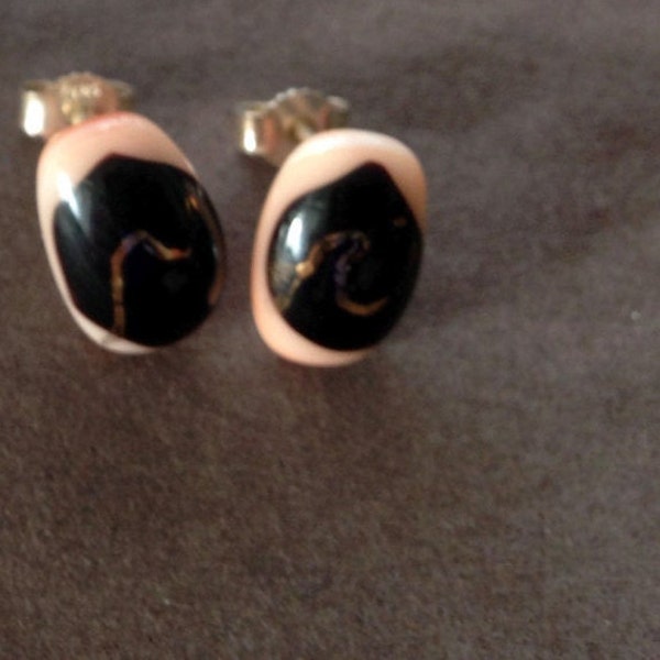 Lovely  salmon, brown and gold shining dichroic glass earrings, sterling silver posts, elegant studs