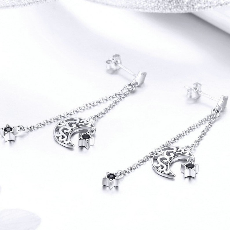 The stars and the moon are yours Long Drop Earrings 925 solid Sterling Silver 1 pair Jewelry Earrings gift for hermomgirlgirlfriend