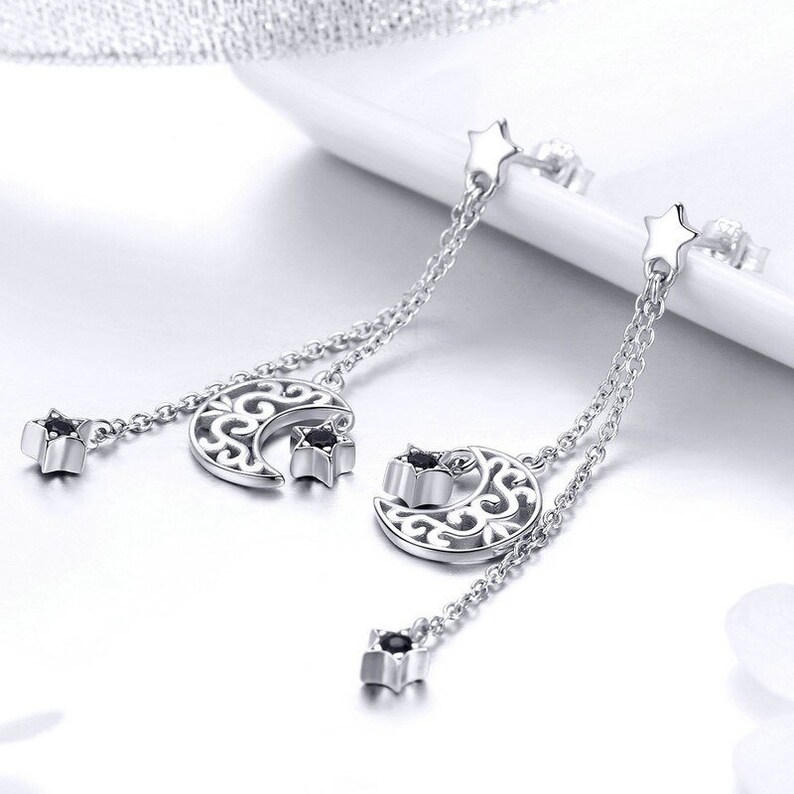 The stars and the moon are yours Long Drop Earrings 925 solid Sterling Silver 1 pair Jewelry Earrings gift for hermomgirlgirlfriend
