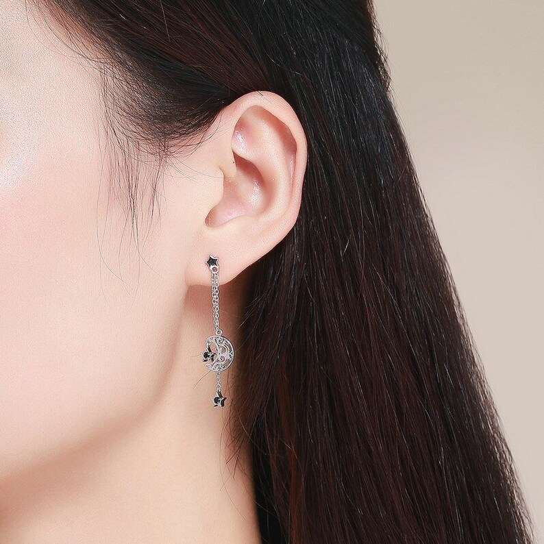 The stars and the moon are yours Long Drop Earrings 925 solid Sterling Silver 1 pair Jewelry Earrings gift for hermomgirlgirlfriend