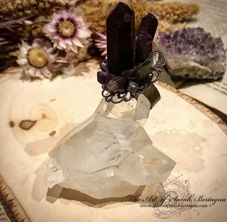 Crystalline Arcana. Quartz ring and Amethysts. sacred feminine, Wicca, witch, fairy ring, elven, Atlantis, Aqua aura, Samhain image 2