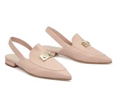 Nude Leather Loafers, Women Handmade Shoes, Slingback Flat Shoes, Pointy Toe Mules, Slip On Style, Women Slides