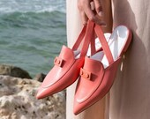 Coral Leather Loafers, Women Handmade Shoes, Slingback Flat Shoes, Pointy Toe Mules, Slip On Style, Women Slides