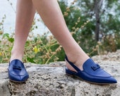 Blue Leather Loafers, Women Handmade Shoes, Slingback Flat Shoes, Pointy Toe Mules, Slip On Style, Women Slides