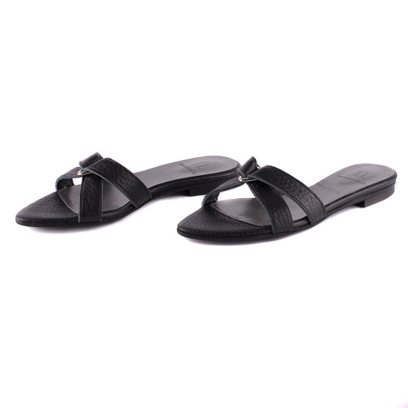 Black Leather Flat Shoes Flats Slip On Style Women Handmade Pointy-Toe Sandals ON SALE Women/'s Slides Open Back Summer Shoes