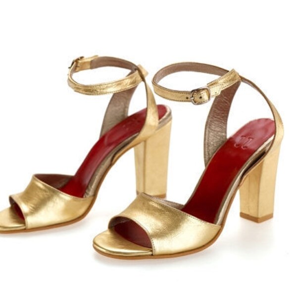 Clearance 50% OFF  Gold wedding shoes, wedding peep toes, Chunky high heels sandals, bridal pumps, strappy sandals