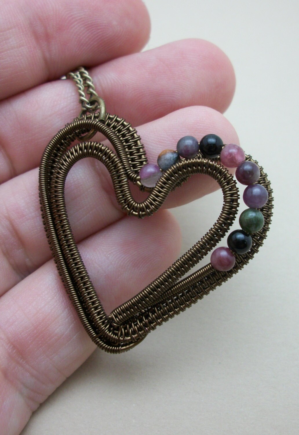 Wire Wrapped Heart Pendant in Antique Brass and Tourmaline Etsy