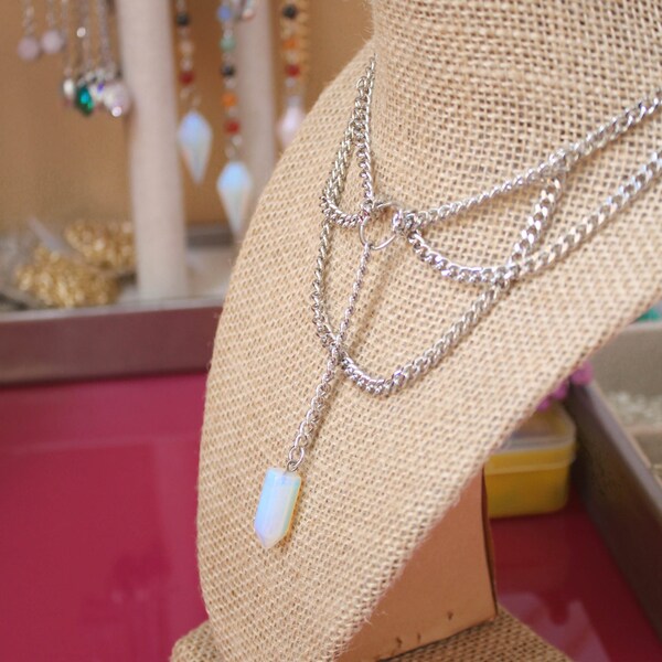 Silver Moonstone Chain Choker, Silver Opal Chain Choker, Opalite Choker, Rainbow Moonstone Choker, Chunky Chain Choker, Reiki Choker, Opal