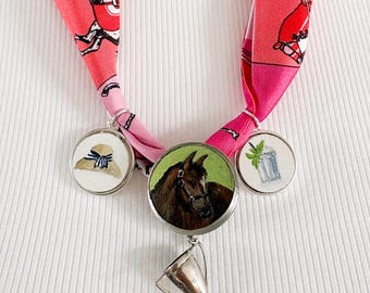 Equestrian Silk Scarf Charm and Pendant Necklace, Kentucky Derby style Necklace