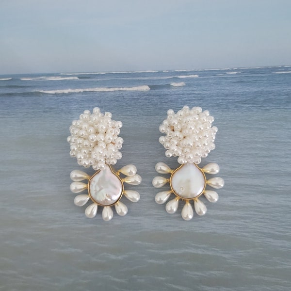 Pearl Cluster and Baroque Pearl Drop Coastal Style Earrings, Formal Preppy Pearl Earrings