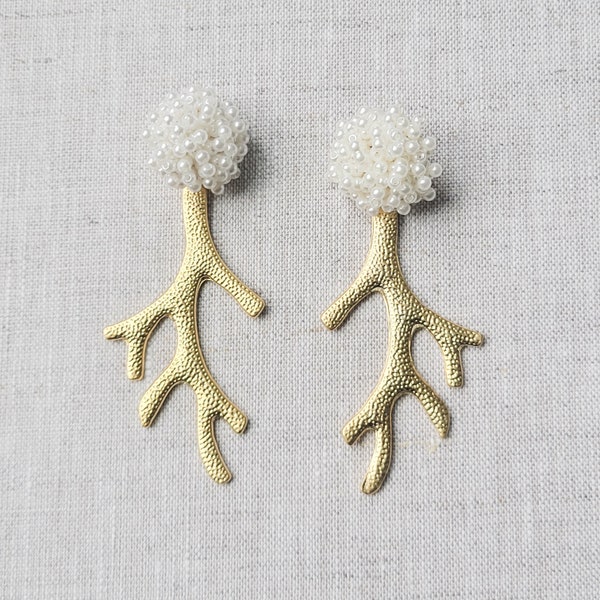 Statement Pearl Cluster and Gold Coral Branch Earrings, Formal Preppy Earrings, Coastal Style Earrings