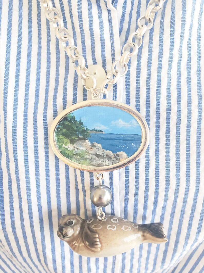 Seal by the Sea Hand Painted Pendant Necklace Coastal Inspired Jewelry Miniature Painting Necklace