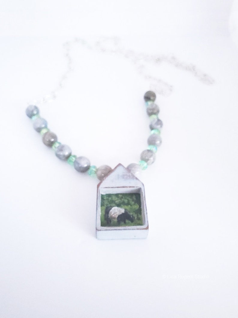 Rustic Country Necklace Miniature Painted Belted Galloway Cow Necklace Shabby Chic Jewelry Handmade Painted Necklace