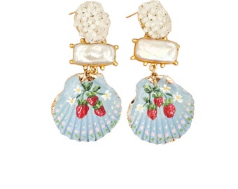 Hand Painted Strawberries Earrings, Pearl and Painted Shell Statement Earrings
