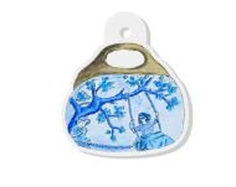 Miniature Toile Bermuda Bag Acrylic Charm, Blue and White Toile de Jouy Purse Charm for Jewelry